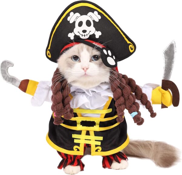 Spooktacular Creations Halloween Pet Cat Pirate Costume with Pirate Fringe Wig Cap for Halloween Dress-up Party, Role Play, Carnival Cosplay, Holiday Decorations Clothes - Image 2