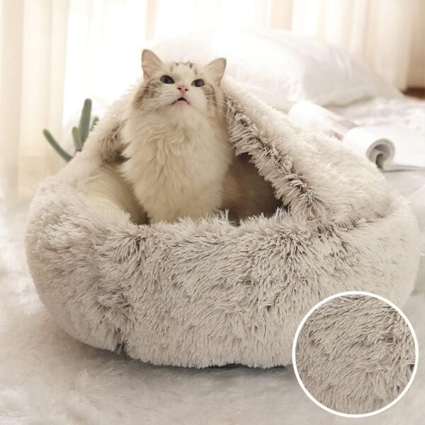 Cat Beds for Indoor Cats, Plush Fluffy Hooded Cat Bed Cave, Calming Dog Beds for Small Dogs, Anti-Anxiety Cozy Cuddler Luxury Puppy Bed, Anti-Slip Bottom Pet Bed - Image 4