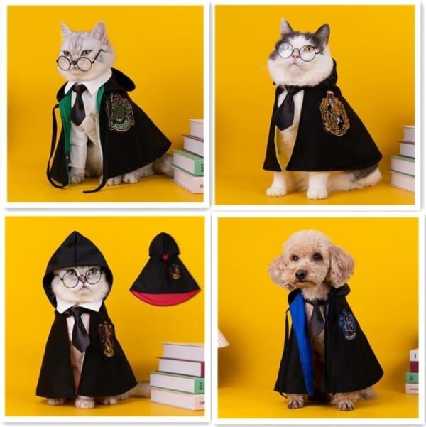 MANON ROSA Cat Halloween Costume - Dog Wizard Cosplay Dress with Witch Cape Bowtie Glasses - Pet Party Clothes for Small Medium Large Dogs Puppies Cats Blue Small - Image 6