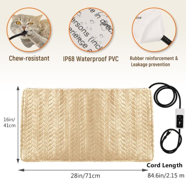 Heeyoo Pet Heating Pad, Adjustable Temperature Dog Cat Heating Pad with Timer, Waterproof Heated Dog Bed with Chew Resistant Cord, Auto Power-Off Indoor Pet Heated Mat for Dogs and Cats - Image 6