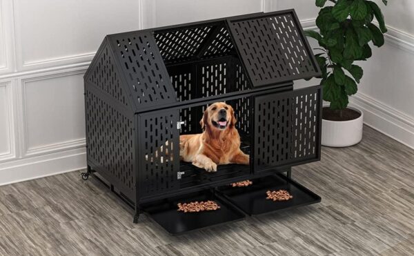 45 inch Heavy Duty Dog Crate with Locking Latch, Large Kennel with Pointed Roof, Indestructible and Escape-Proof Pet Cage for High Anxiety Dogs, XL Dog Crate - Image 7