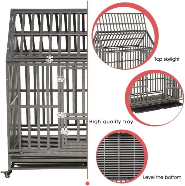 SMONTER 48" Heavy Duty Dog Crate Strong Metal Cage House Shape Pet Kennel Crate Playpen with 4 Locking Wheels - Image 7