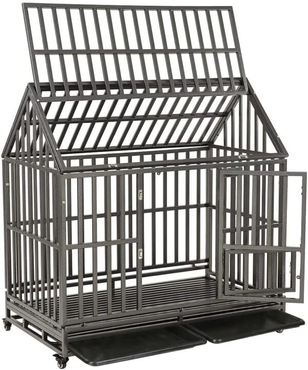 SMONTER 48" Heavy Duty Dog Crate Strong Metal Cage House Shape Pet Kennel Crate Playpen with 4 Locking Wheels - Image 2