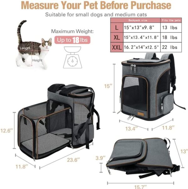 Large Cat Backpack Expandable Pet Carrier Backpack, Lekereise Dog Backpack Carrier for Small Dogs and Medium Cats, Grey - Image 3